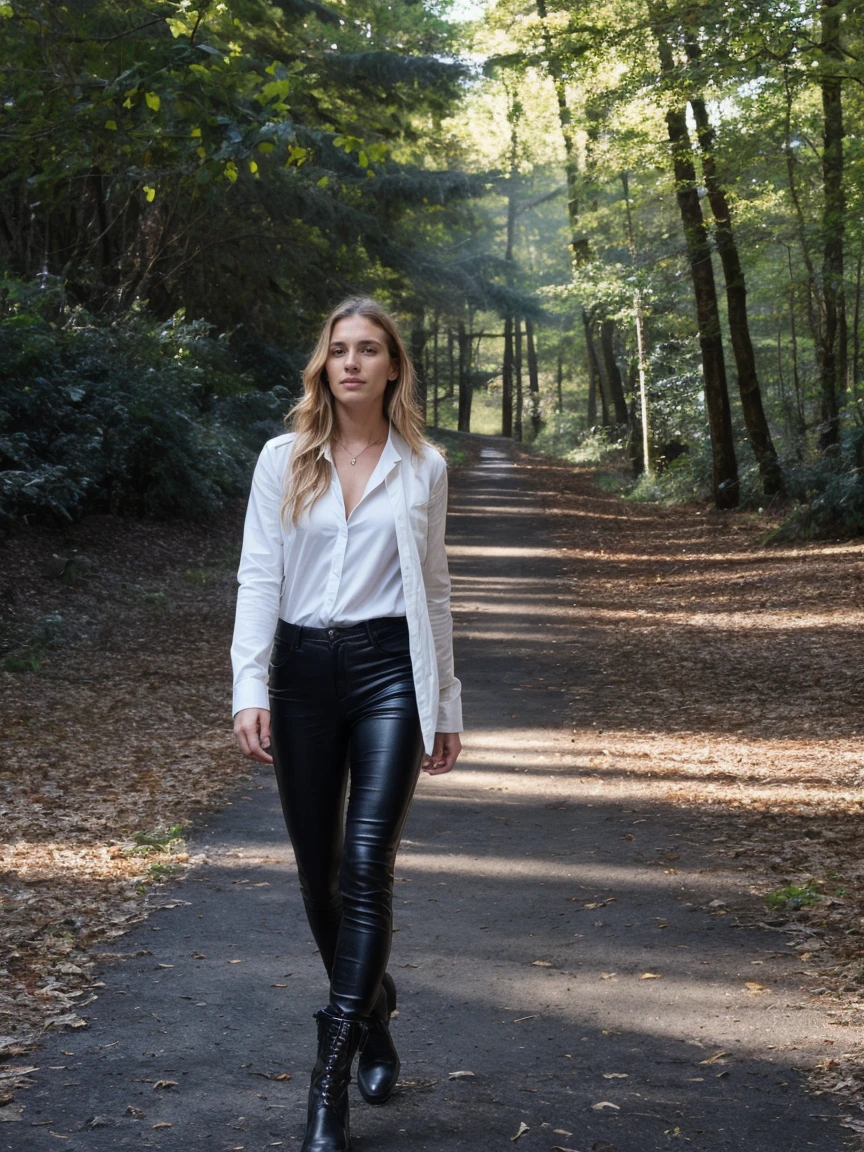 RAW photo,  tv_Willifred_McKenzie_MXAI, magazine ready pose, flirting with the camera,
BREAK
walking through the woods, wearing a leather duster, wearing leather pants, wearing a white shirt, wearing black boots, walking towards the camera, golden hour, god rays
BREAK
 <lora:add_detail:0.5>, (((Ultra-HD-details, Ultra-HD-detailed, Ultra-HD-realistic, Ultra-HD-photo-same-realistic-quality-details))), 8k uhd, dslr, soft lighting, high quality, film grain, Fujifilm XT3