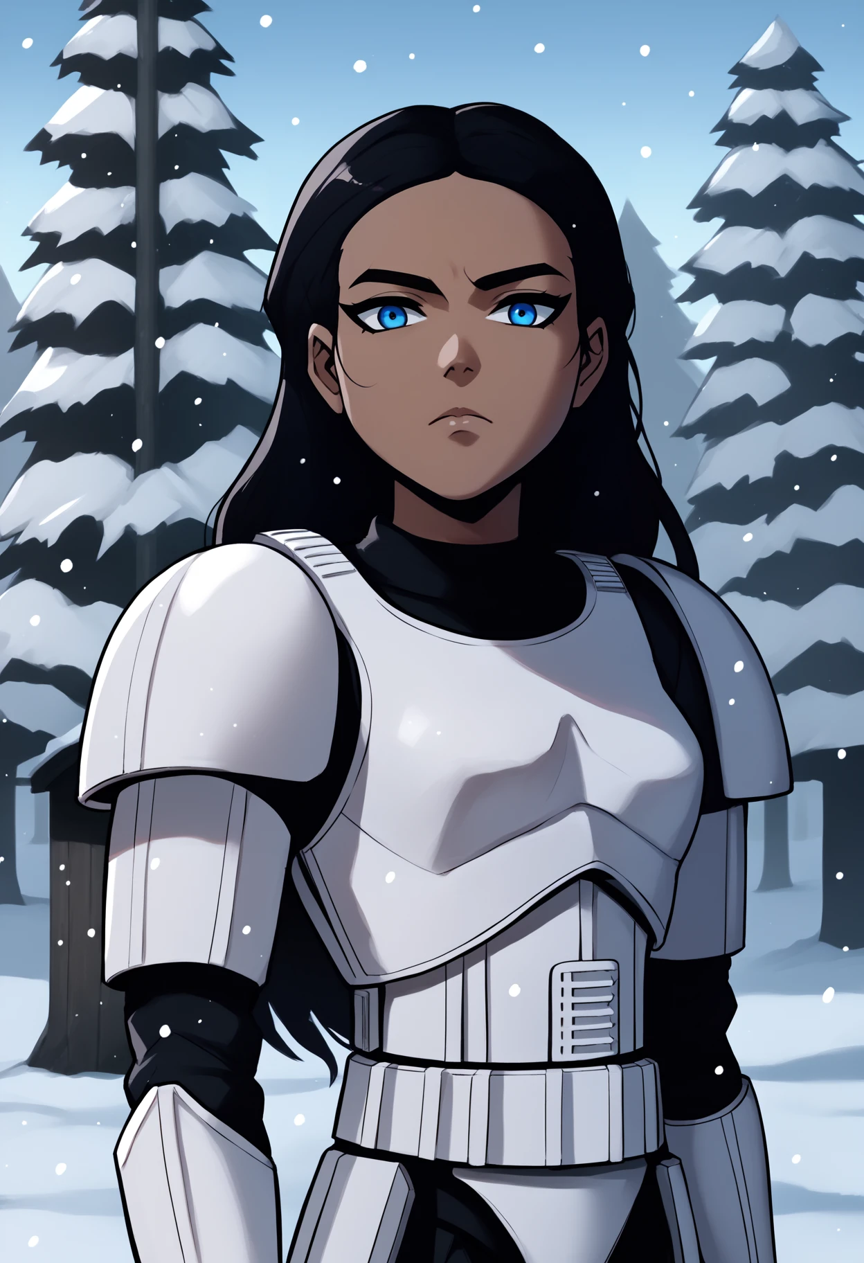 score_9, score_8_up, score_7_up, score_6_up, score_5_up, score_4_up, BREAK, source_anime,
1girl, wwkd standing outdoors in the snow during the winter, wwkd,
black hair, long hair, blue eyes, dark skin,
armor, stormtrooper,
expressionless, looking at viewer, outdoors, snow, snowing, solo, tree, winter <lora:StormtrooperXL:1> <lora:WonderWomanKidsXLv2:1>