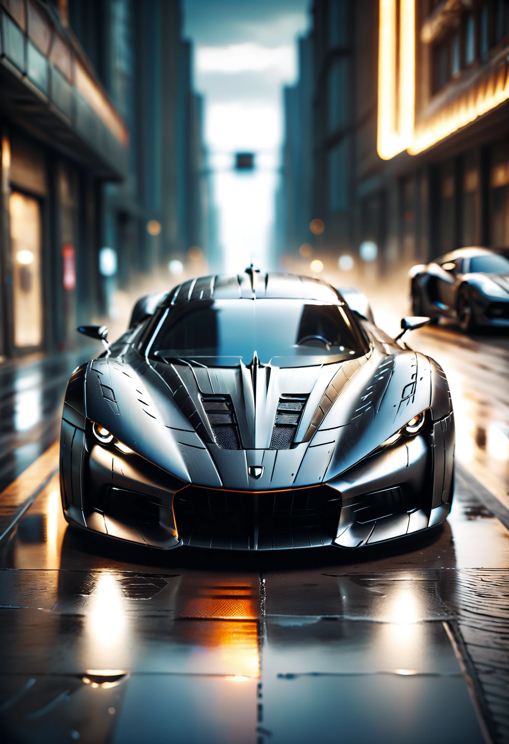 award winning photo of a drone eye view of a futuristic hypercar made of dvr-rbbr, large glowing headlights, cinematic still, at night, wet streets <lora:dvr-rbbr:0.8>