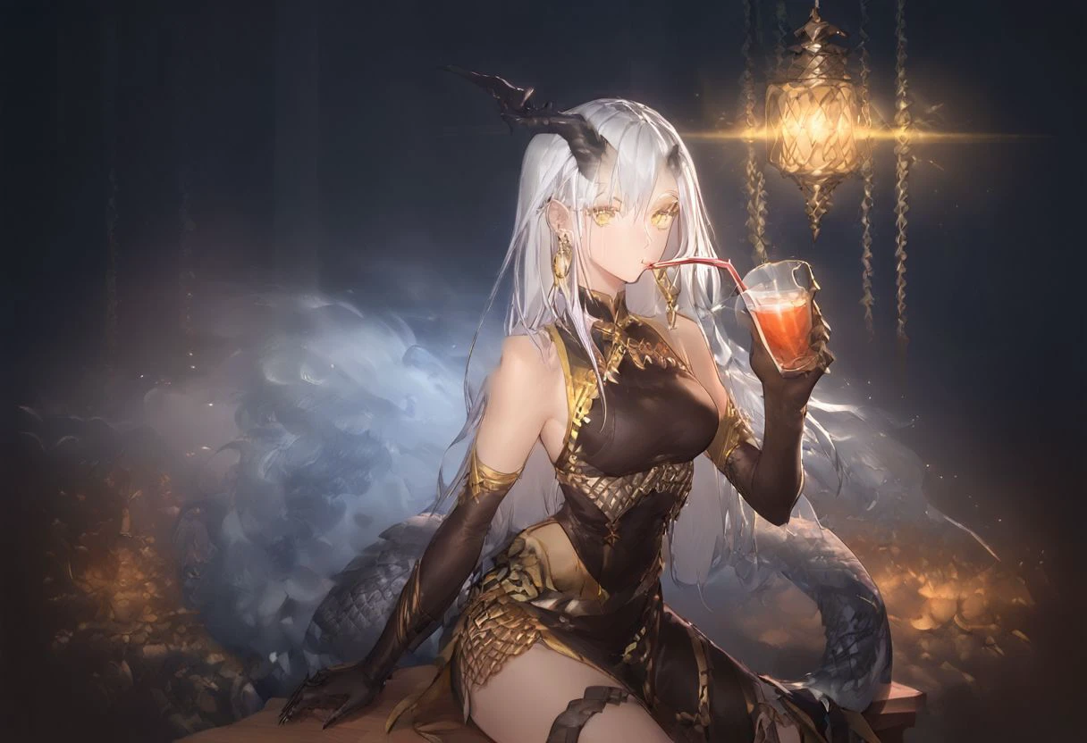 score_9, score_8_up, 1girl, (mizuchi sitting on wooden table drinking tea), mizuchi, long freeflowing white hair, ultra detailed, (((beautiful face))), (((beautiful detailed eyes))), ((in warm oriental tavern)), (((clean anime style))), white hair, yellow eyes, lizard pupils, horn, broken horn, tail, 1 wing, 1 earring, clawed hands, high heeled boots, sleeveless black and gold top, black and gold skirt, scale pattern, black and gold tassles, black elbow gloves, belts,