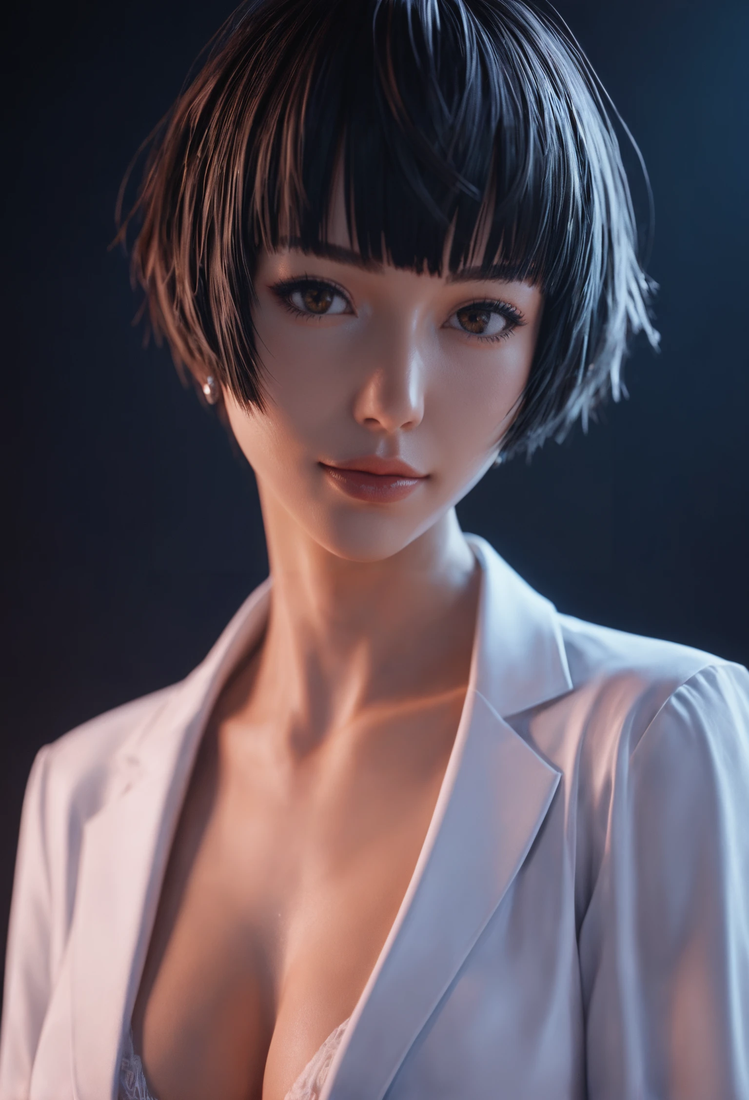 a realistic cute girl, (Takemi Tae from Persona 5), Doctor's long blouse, in the style of high dynamic range, animated illustrations, realism, half-body, japanese-inspired, epic, cinematic,half body shot,black background,3DCG,3D rendering,realistic,purple lighting,transparent hair,blender, cinematic lighting,soft light,white rim light,high detail,hyper quality,beautiful studio lighting,unreal engine,super detailed, perfect shading,unreal engine,super detailed, 32K,8k, score_9, score_8_up, score_7_up