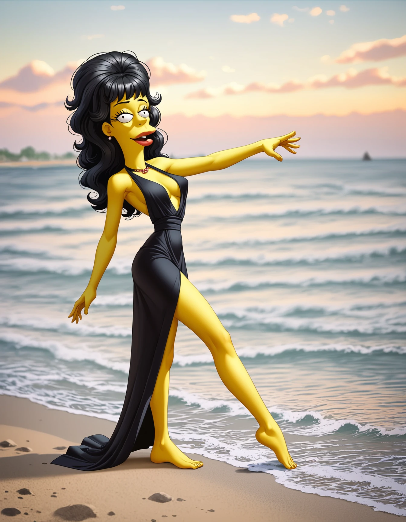 score_9, score_8_up, score_7_up, score_6_up, score_5_up, score_4_up,  
source: illustration,Barbara,Simpsons, expressive, full body,big boobs,slim waist,yellow skin, seductive pose, beautiful,wearing a black dress, pretty,at a playa,beach walkway, ocean,posing,solo,outside,black curly long hair,highly detailed, intricate details, digital art, perfect anatomy, perfect proportions, 4k, (dynamic pose:1.25),