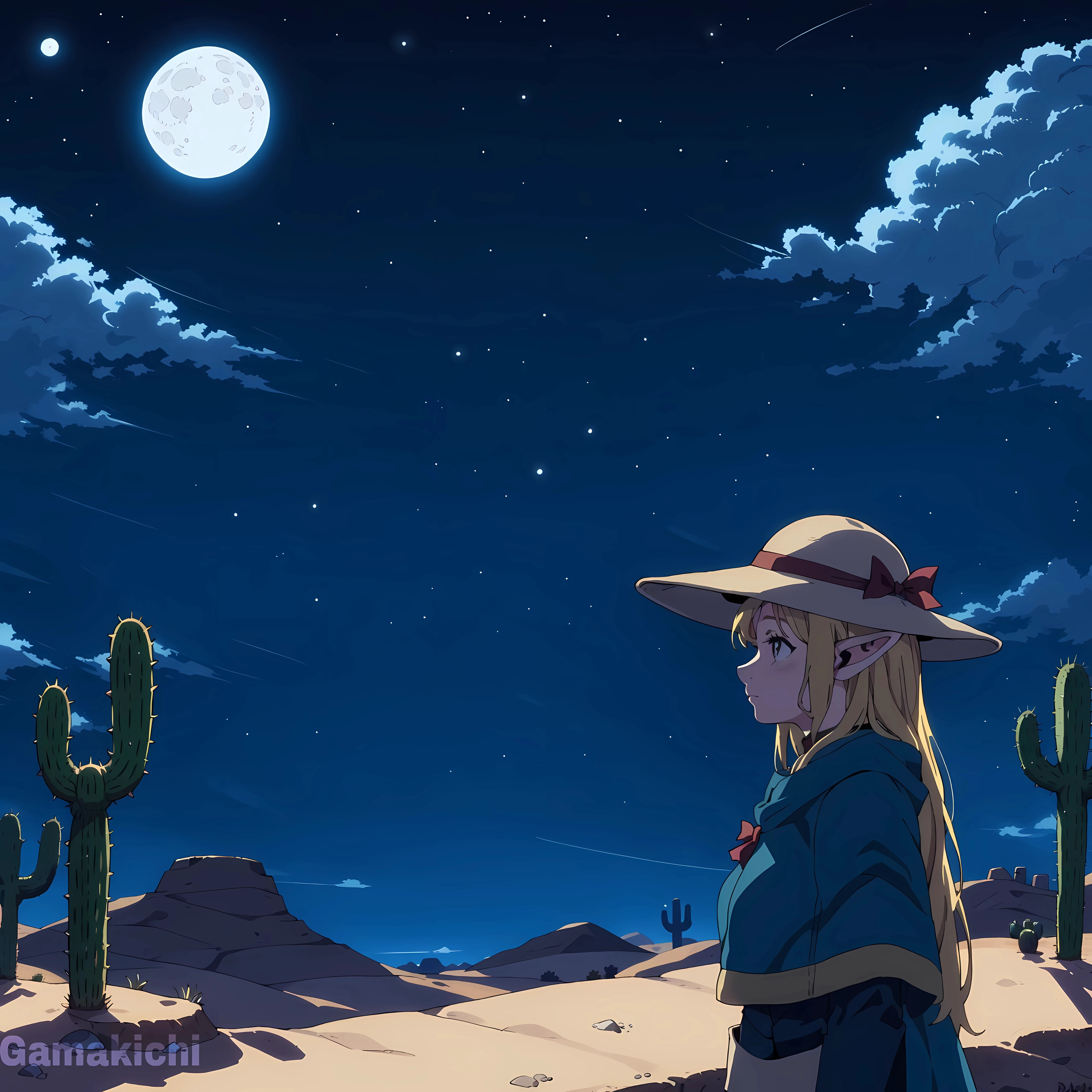 marcellie, pointy ears, yellow hair, green pupils, moon, sky, cactus, solo, night, blonde_hair, pointy_ears, star_(sky), hat, long_hair, outdoors, cloud, night_sky, starry_sky, elf, full_moon, blue_eyes, plant, capelet, from_side, bow, blush, dress, upper_body, profile, red_bow, shooting_star