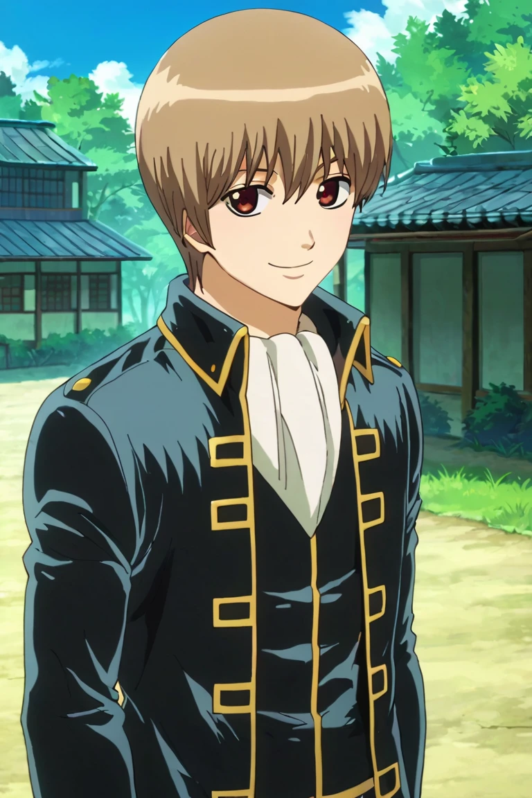 score_9,score_8_up,score_7_up,source_anime,looking at viewer, solo, 1boy, okita sougo,brown hair, red eyes, smile, military uniform, outdoors, standing<lora:EMS-393535-EMS:1.000000>