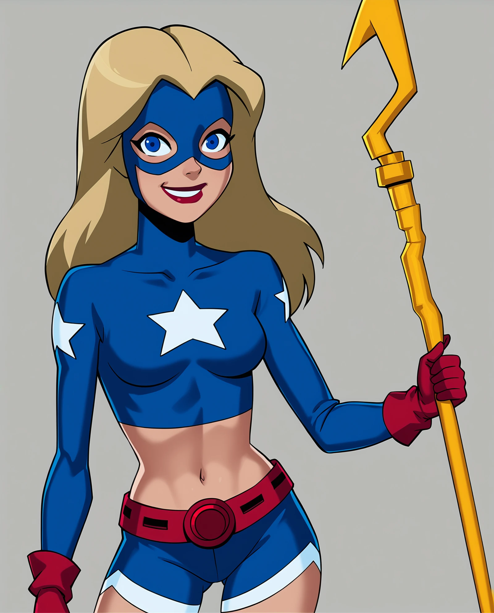 score_9, score_8_up, score_7_up, source_cartoon BREAK 1girl, solo, stargirl costume, blonde hair, long hair, blue eyes, looking at viewer, blush, smile, hetero, superhero, domino mask, star (symbol), crop top, midriff, navel, cowboy shot, standing, thigh gap, gluteal fold, gradient background, medium breasts, perky breasts, spandex shorts, <lora:Stargirl_Courtney_Whitmore:1>, staff, holding staff, close mouth, curvy, slim, rating_questionable