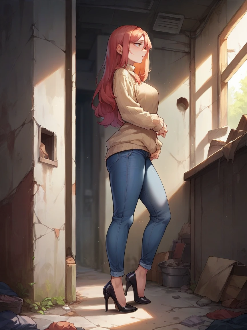 score_9, score_8_up, score_7_up, score_6_up, 1girl, long hair, <lora:d3c4yXLP:0.4> d3c4y, high heels, jeans, sweater, abandoned, indoors, curvy,