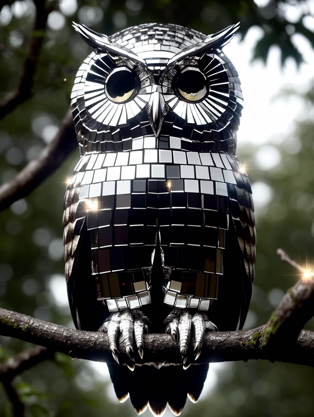 owl made of mad-dscbll perched on a tree branch, reflections, sparkle, shine, forest<lora:Disco_Ball_SD1.5:0.8>, (masterpiece:1.2), best quality