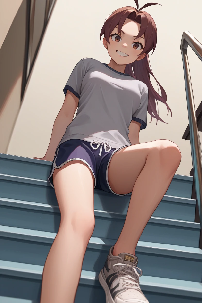 score_9, score_8_up, score_7_up, score_6_up, source_anime, BREAK 1girl, solo,  <lora:gsjenna-pdxl-nvwls-v1-000005:1> gsJenna, brown hair, ponytail, antenna hair, grey t-shirt, dolphin shorts, grin, looking at you, sneakers, sitting, stairs, from below