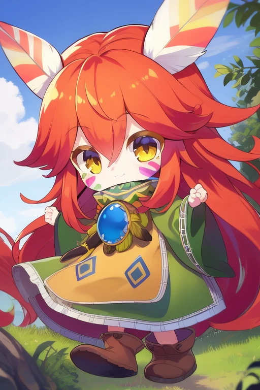 masterpiece, high quality, very_high_resolution, large_filesize, full color,  <lora:Popoi_SD:1>
Popoi, long hair, androgynous, feather hair ornament, hair ornament, feathers, red hair, facepaint, facial mark, orange hair, yellow eyes, very long hair, hair between eyes, chibi,
poncho, tunic, boots,
forest, sky,