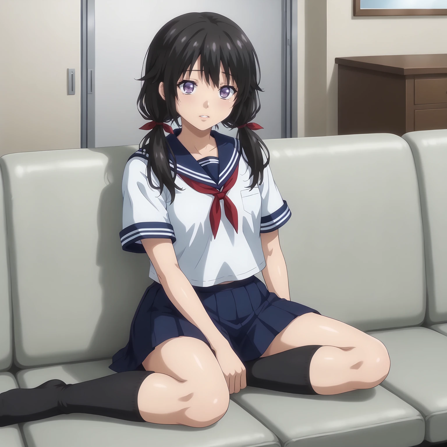 <lora:HayakawaXLpony002>,
parted lips,
solo,
Hayakawa,1girl,black hair,low twintails,purple eyes,
serafuku,white shirt,red_neckerchief,short_sleeves,
pleated_skirt,blue skirt,
black socks,
full body,sitting,sofa,