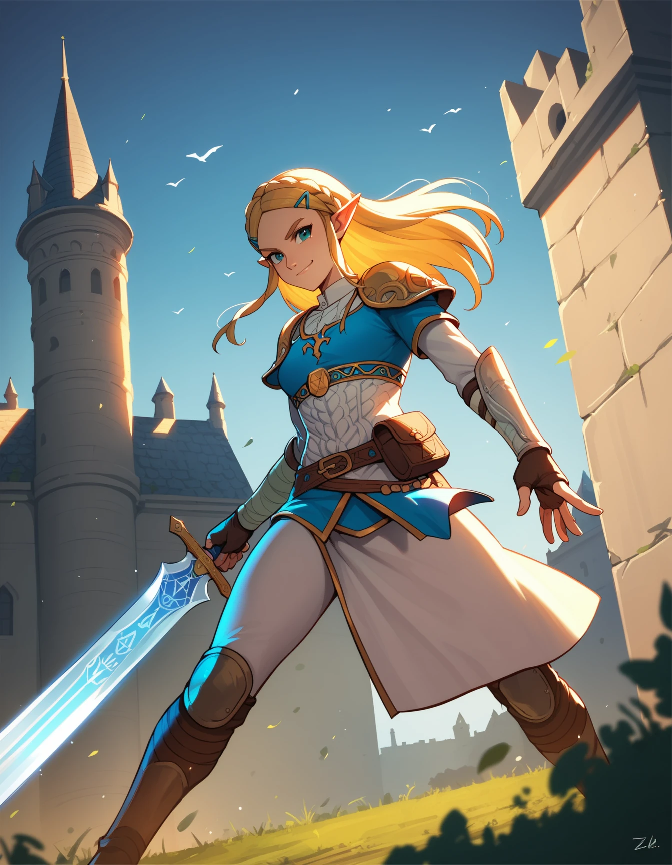 score_9, score_8_up, score_7_up, source_anime, 1girl, solo, princess zelda, sword, smirk, stance, castle, cinematic lighting