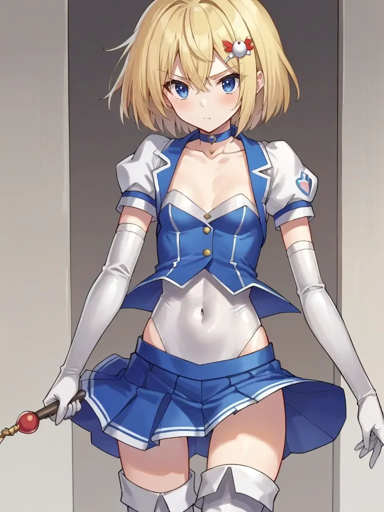 score_9, score_8_up, score_7_up, source_anime, <lora:mahoushoujoprismshirleypony:1>,
1girl, solo, saoriprismshirley, small breasts, blonde hair, short hair, hairpin, blue eyes, magical girl, choker, blue vest, white croptop, white covered navel, white short sleeves, elbow gloves, collarbone, tatoo, blue skirt, white thigh boots, standing, serious