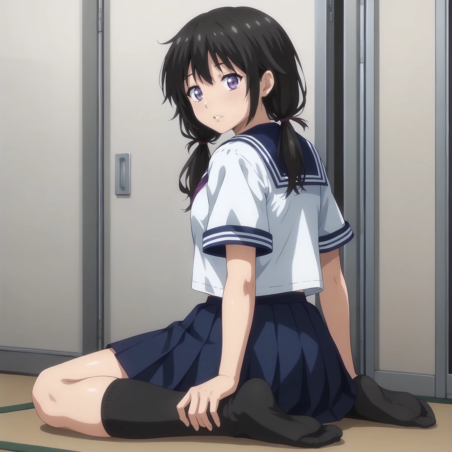 <lora:HayakawaXLpony002>,
parted lips,
solo,
Hayakawa,1girl,black hair,low twintails,purple eyes,
serafuku,white shirt,short_sleeves,
pleated_skirt,blue skirt,
black socks,
full body,looking back,sitting,