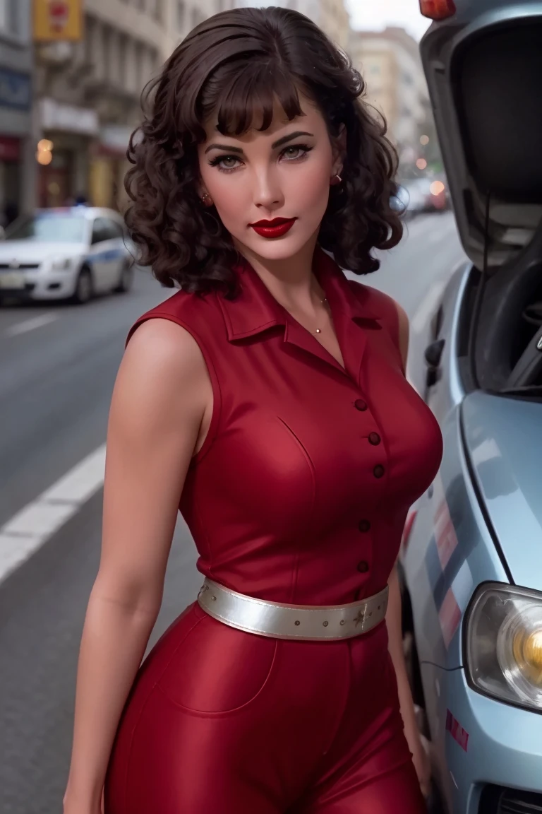 <lora:lyndacarter-05:0.7>,,lyndacarter, ((red lipstick, blush)), , photo of a woman, , ((police uniform, police badge, police car)), city street, attractive, looking at viewer, ((short hair, messy hair, bangs))