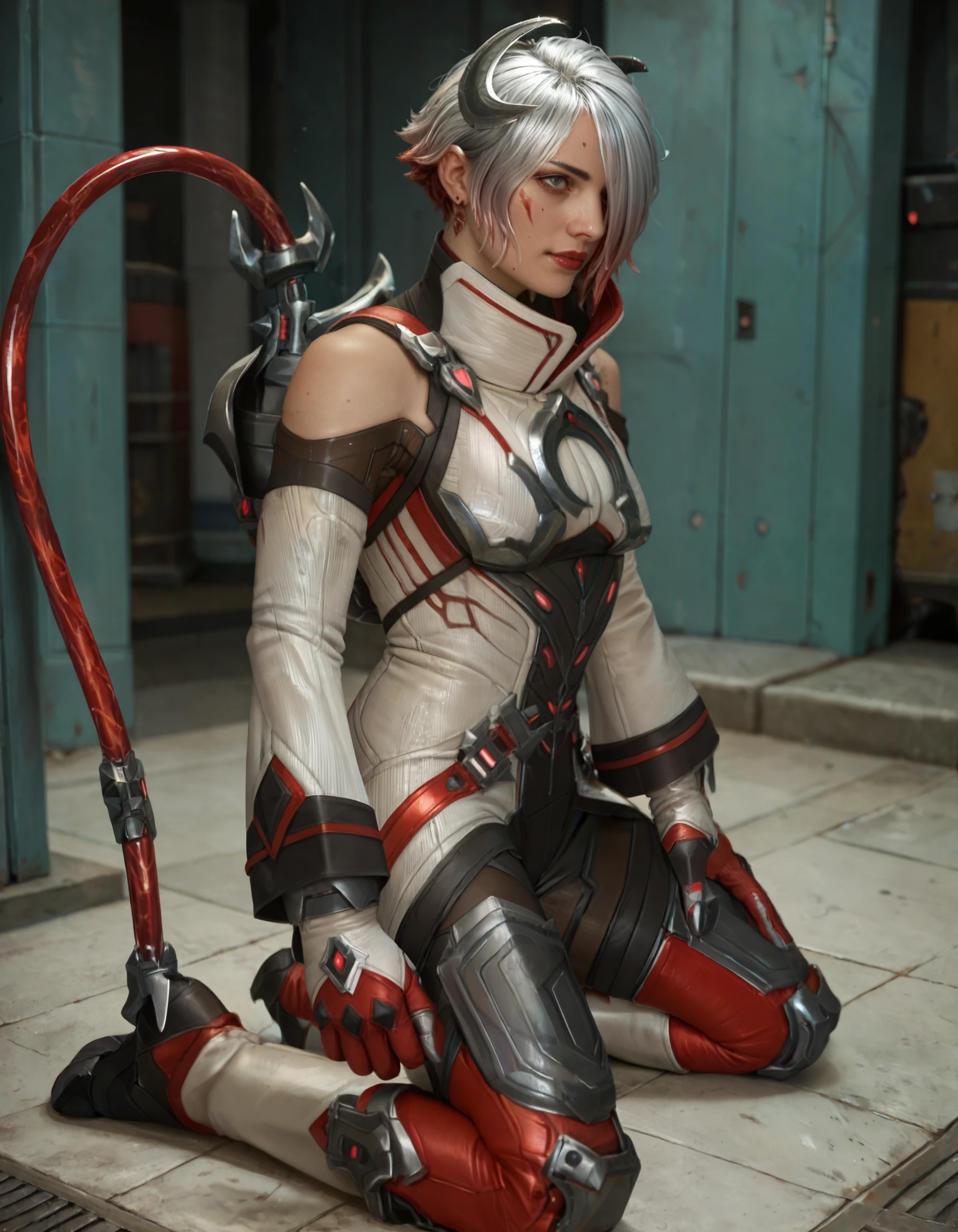 (Masterpiece:1.4), (best quality:1.2), score_9, score_8_up, score_7_up, score_6_up, 1girl, solo, ctl7tbldmn, grey gloves, red gloves, long detached sleeves, bodysuit, thigh boots, gradient hair, grey hair, multicolored hair, red hair, short hair, two-tone hair, breasts, pants, grey eyes, one eye covered, red lips, bare shoulders, standing, 2d, full body, (from side:0.8), kneeling     <lora:MyTrainings\Temp\Catalyst_Blood_Moon_XL_Pony.safetensors:0.8>