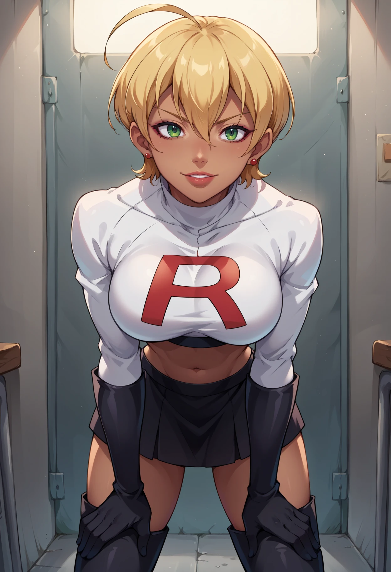 score_9, score_8_up,score_7_up, source_anime,1girl, solo,  <lora:EPsnsIkumiMito:1>, EPsnsMitoIkumi, blonde hair, short hair, ahoge, hair between eyes, dark skin, dark-skinned female, green eyes,  standing, parted lips, smile, white jacket, cropped jacket, earrings, elbow gloves, gloves, black gloves, white jacket, jewelry, lipstick, looking to the side, makeup, navel, shirt, skirt, team rocket, team rocket uniform, thigh boots, black footwear, hands on own knees, leaning forward, bent over,