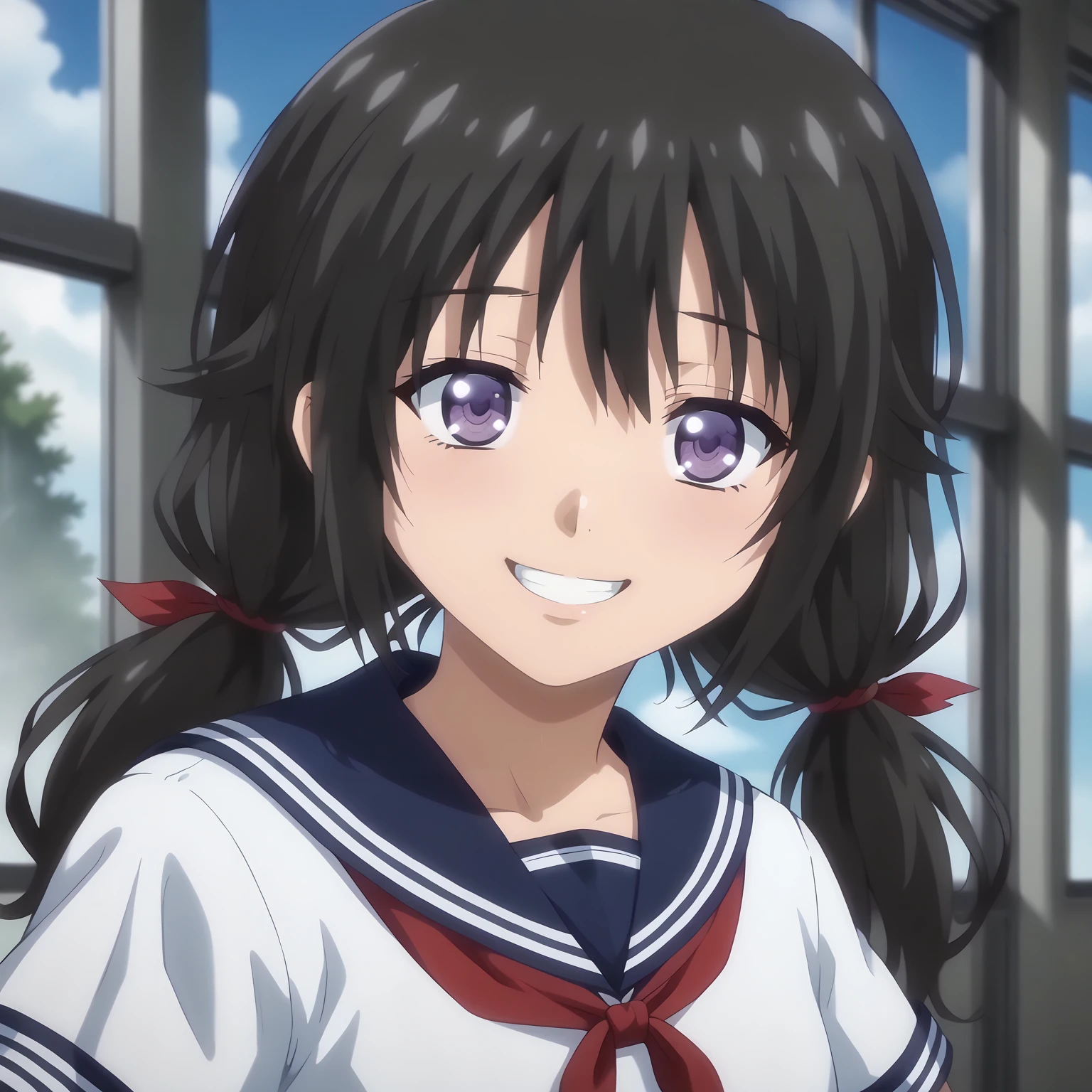 <lora:HayakawaXLpony002>,
smile,
solo,
Hayakawa,1girl,black hair,low twintails,purple eyes,
serafuku,white shirt,red_neckerchief,short_sleeves,
upper body,