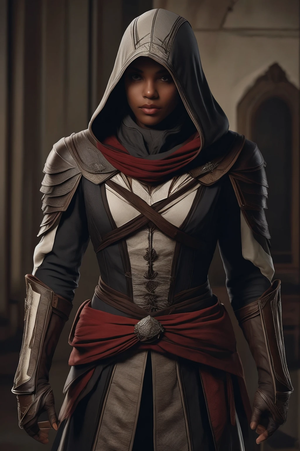 Realistic portrait of a african american woman, hood, wearing Assassin's Creed armor. She stands against a backdrop of 18th-century era French Louisiana, evening moonlight, casting a gentle warmth on her features. (full body:1.3), <lora:[VG]_-_Aveline_de_Grandpre:1> <lora:assassins:.75>