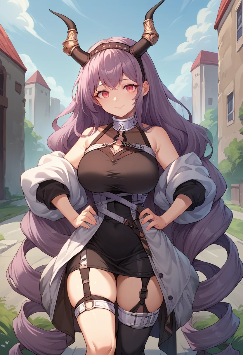 score_9, score_8_up, source_anime, 1girl, solo, TyphonBase, very long hair, drill hair, black hairband, horns, metal collar, black dress, short dress, tight dress, bare shoulders, white jacket, thigh strap, garter strap, asymmetrical legwear, hands on hips, outdoors, smile, <lora:ChamTyphonPonyXL:1>