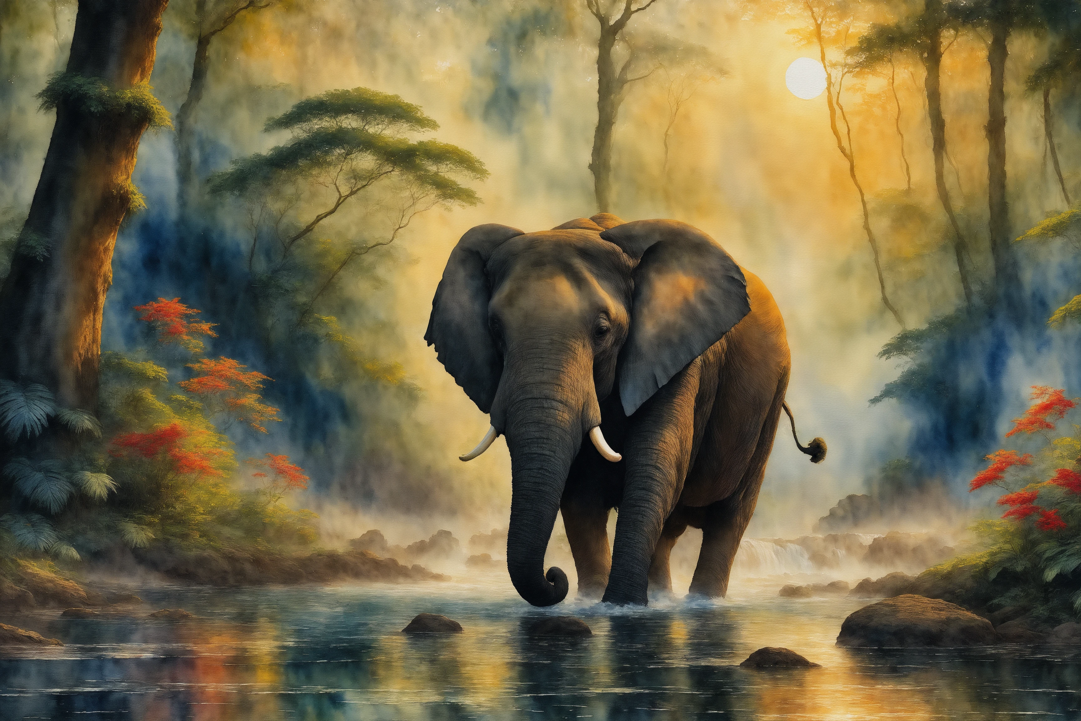 (Watercolor portrait on textured paper:1.3), featuring an elephant prominently in the foreground with vibrant and vivid colors against a dark, moody background. Sunset, blooming flowers, The scene unfolds in a lush, intricately detailed jungle setting, enhanced by a serene water feature such as a gently flowing stream or tranquil pond reflecting moonlight. Extreme detail, 8k resolution, with a blend of vivid (1.2) and vibrant colors (1.1), complemented by a natural vignette to highlight the elephant within its environment. (Beautiful flowers in full bloom:1.1), Deep shadows (1.1) enhance the mood, and color pop (1.1) brings both the elephant and the surrounding jungle to life. The setting is enriched with dense foliage, hanging vines, and a variety of jungle plants, aiming for a masterpiece quality. Influenced by artists like Alexandre Calame and Ivan Shishkin for their mastery in depicting natural landscapes and wildlife with deep emotional resonance and detailed execution. The use of realistic colors (1.1) is emphasized to maintain a natural look amidst the vibrant setting, <lora:watercolor_sdxl:0.7>, (Color POP:1.1)