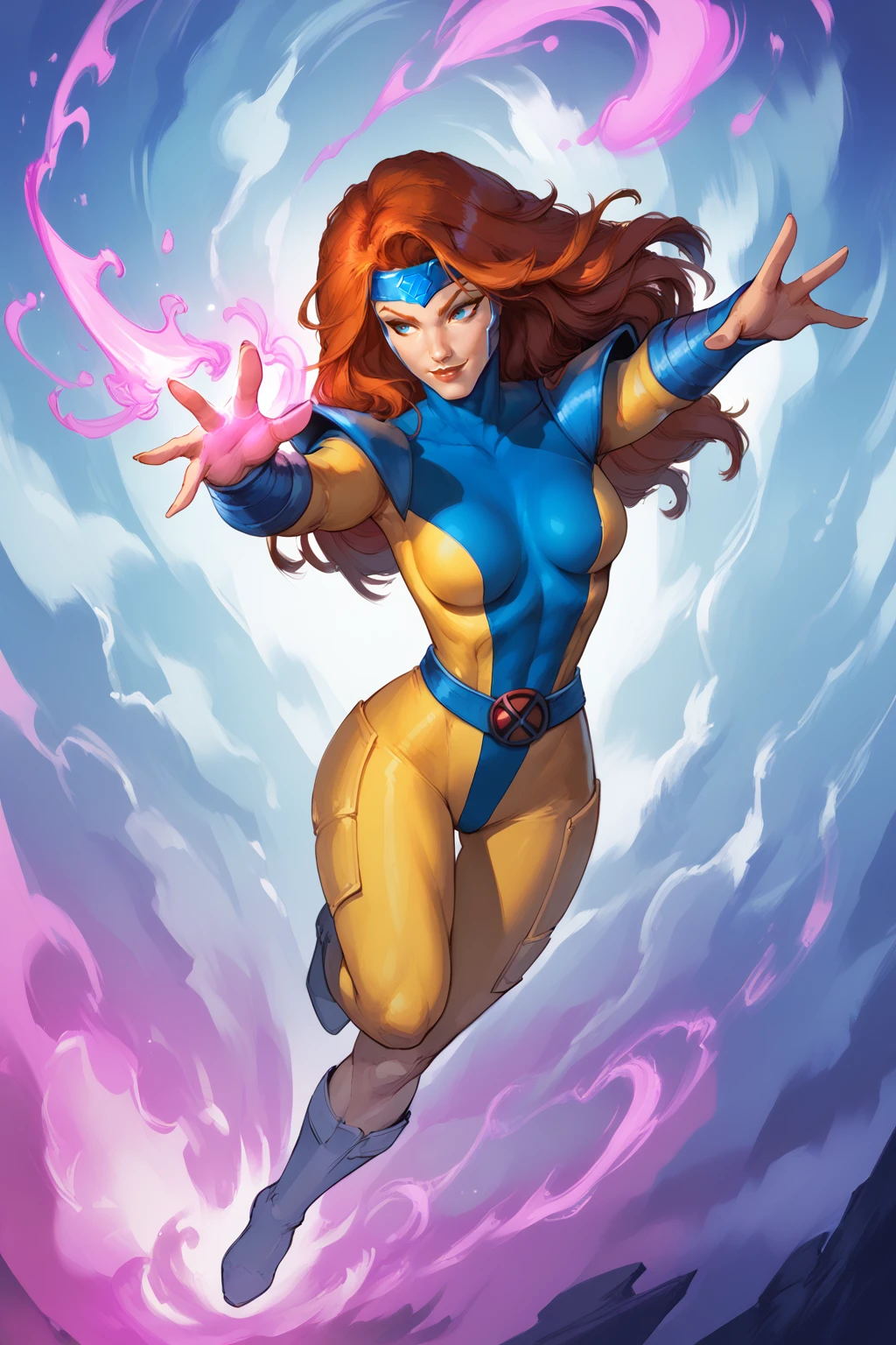 score_9, score_8_up, score_7_up, masterpiece, high quality, BREAK
 <lora:Jean Grey Classic X-MenPonyLoRA:1>jngryclsic, long hair, headband, turtleneck, bodysuit, pauldrons, vambraces, belt, boots, magic, outstretched arm, aura, smile