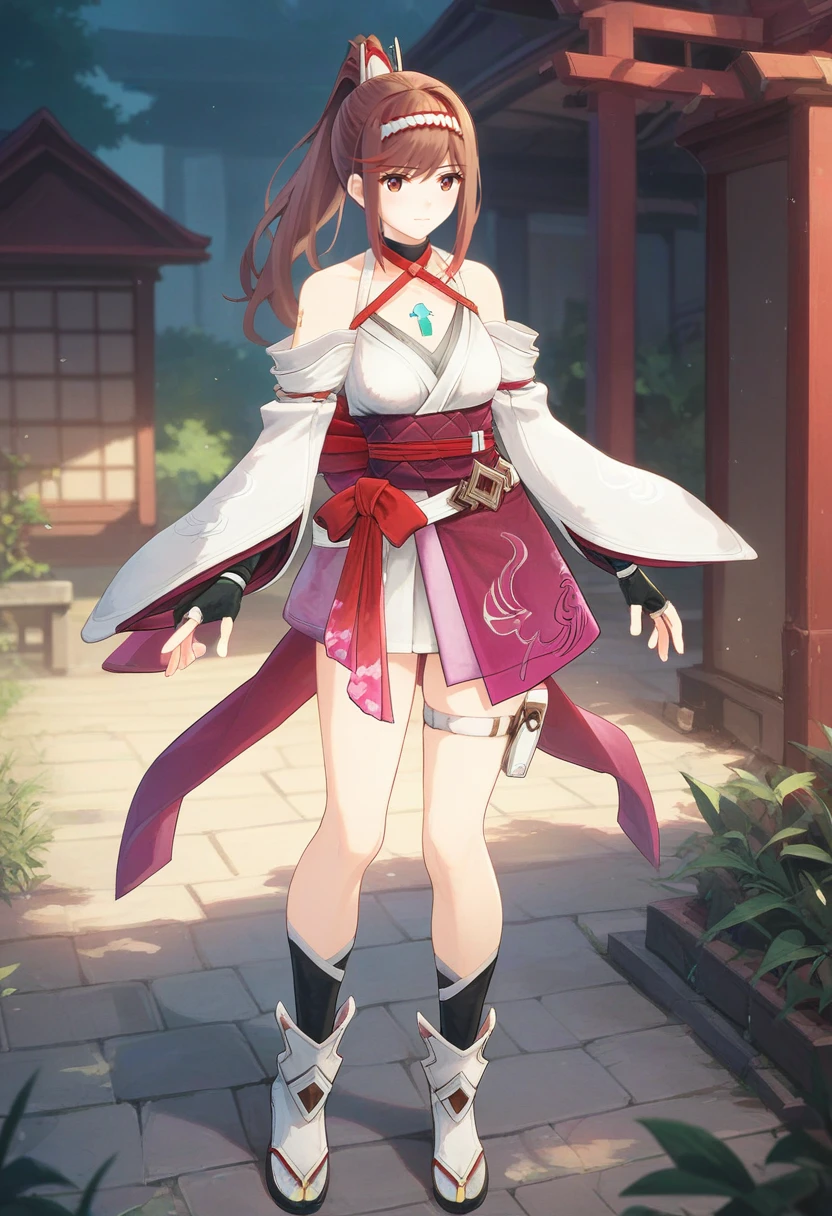 score_9, score_8_up, score_7_up, 1girl, solo, full body, standing, halterneck kimono, black choker, wide sleeves, white belt, white footwear, fingerless elbow gloves, thigh belt, thigh pouch, brown eyes, chest jewel, glimmer, ponytail, hairband, outdoors , hairpiece<lora:glimmer xl 053 fro 95:1>