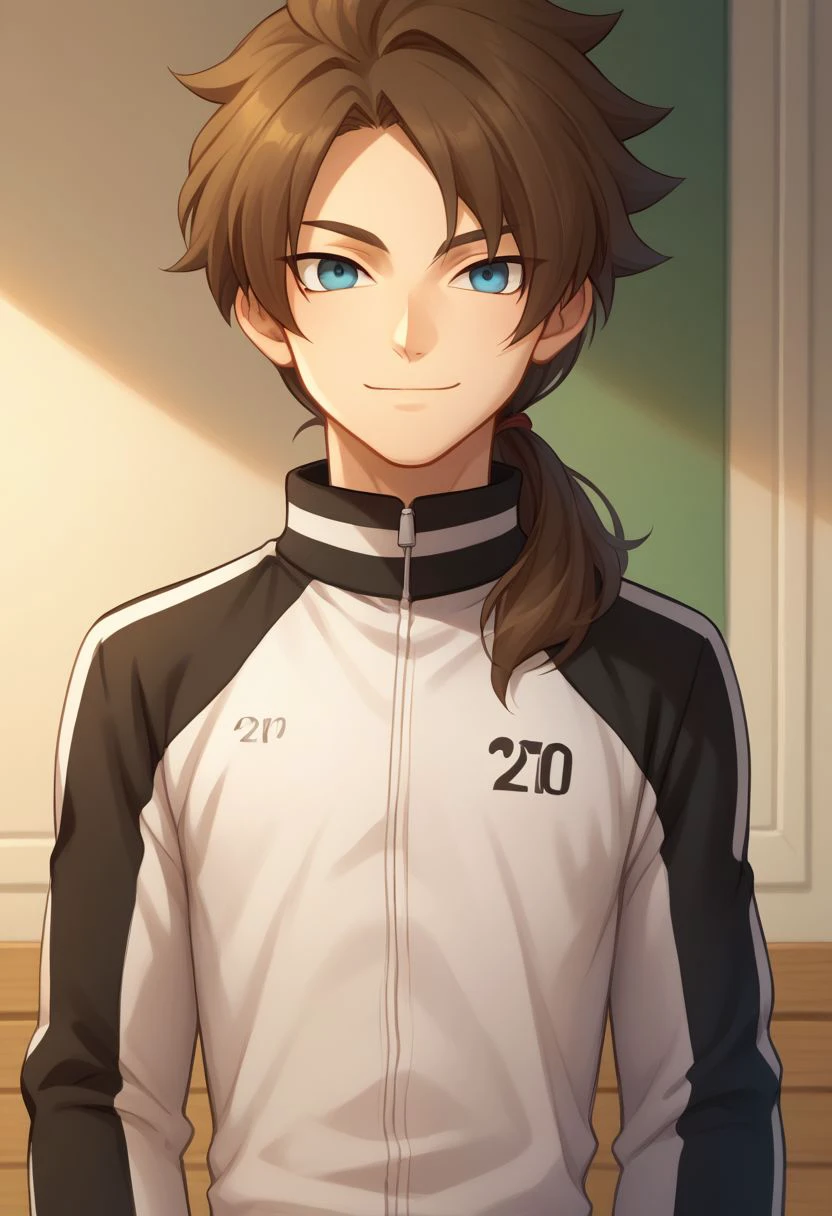 score_9, score_8_up, source_anime, highly detailed, 1boy, male_focus, solo,
skinny,
caleb, 1boy, male focus, blue eyes, brown hair, solo, jacket, smile, track jacket, ponytail, closed mouth, upper body, long hair, low ponytail,
indoor, smile