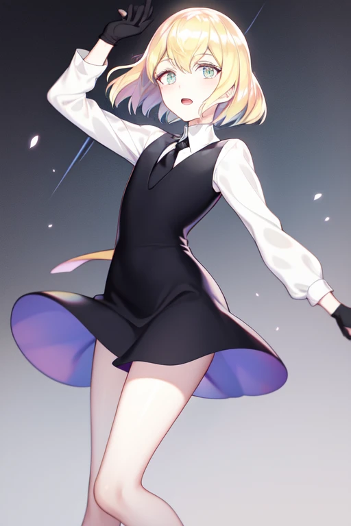 rainbow eyes, gloves, 1other, open mouth, necktie, white shirt, blonde hair, gem uniform (houseki no kuni), black necktie, long sleeves, colored eyelashes