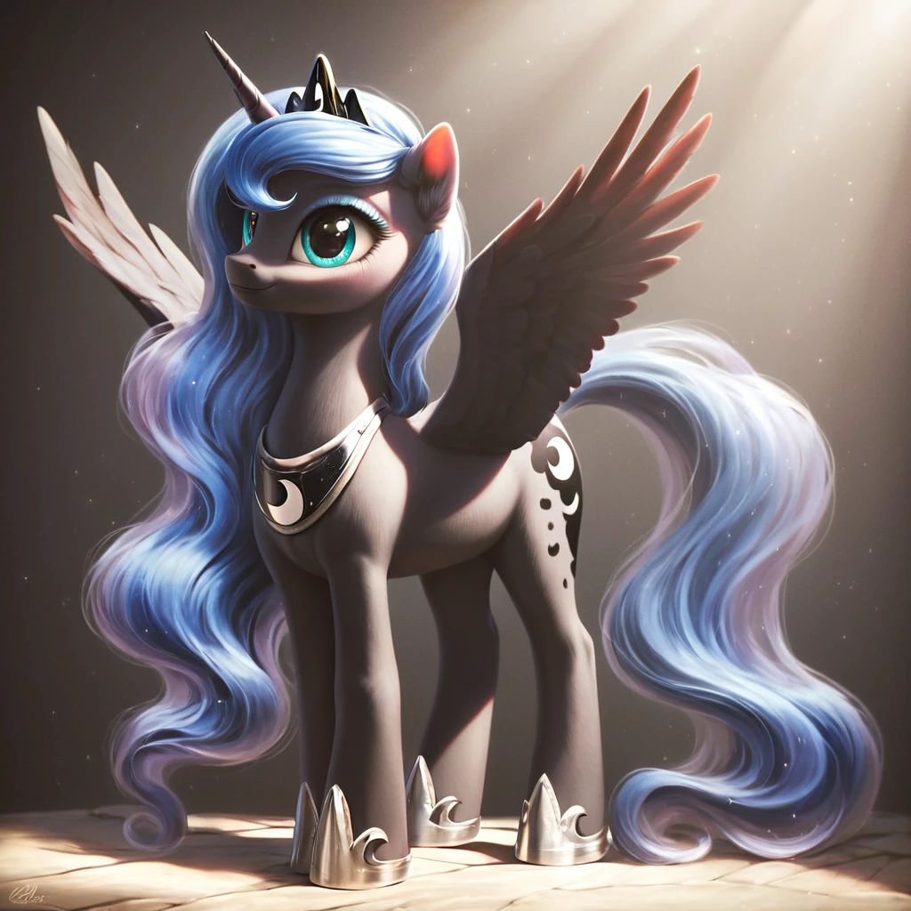 <lora:Pony_MLP_v1.5:1>,Princess Luna,<lora:1dk:1>,huge filesize,score_9,score_8_up,score_7_up,score_6_up,score_5_up,score_4_up,rating_safe,((cute, little, furry pony, fur)),(high quality, detailed, beautiful),bright and adorable face,beautiful detailed eyes,tiara,sunlight,realistic,outstanding,shading,detailed soft lighting,ear fluff,vintage film photography,it's flying,4k,black body,full body,