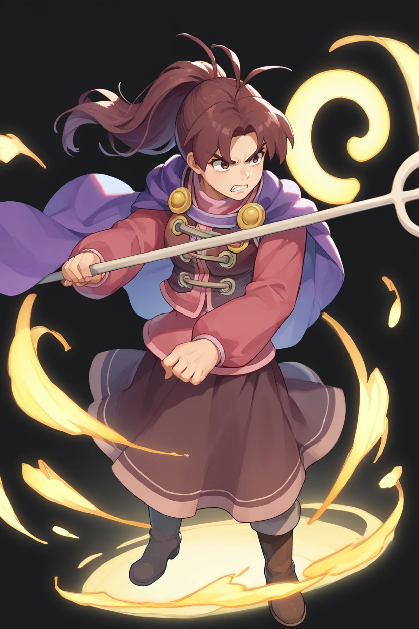 score_9, score_8_up, score_7_up, score_6_up, source_anime, BREAK 1girl, solo,  <lora:gsjenna-pdxl-nvwls-v1-000005:1> gsJenna, brown hair, ponytail, antenna hair, purple cape, vest, pink shirt, long sleeves, brown skirt, boots <lora:feh-style-richy-v1_pdxl:1> fehatk, full body, standing, black background, simple background, holding staff, glow, serious, clenched teeth