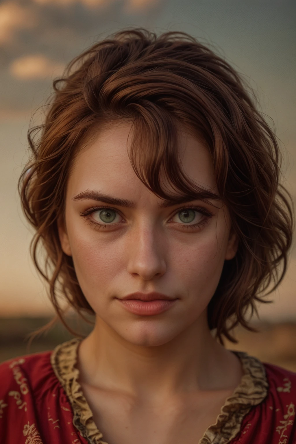 Realistic portrait of a woman with curly auburn hair, wearing a crimson gypsy dress that complements her green eyes. She stands against a backdrop of soft, golden evening sunlight, casting a gentle warmth on her features. <lora:[VG]_-_Ezmeralda_D'Avenir:1>