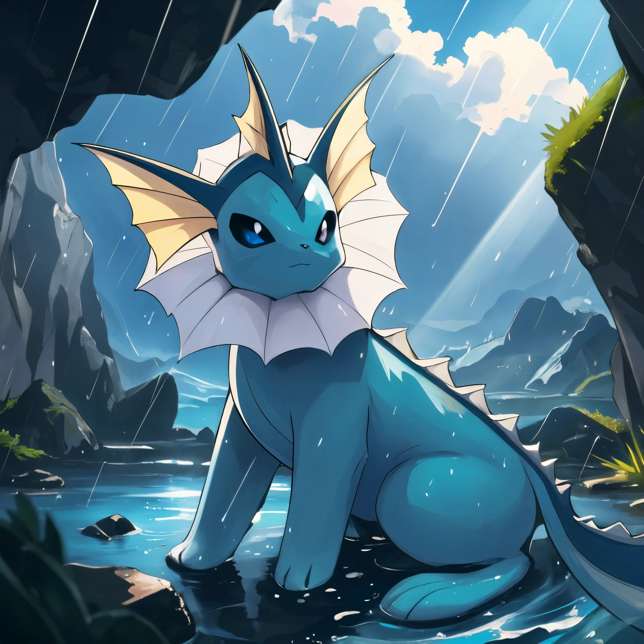 (HD), (ultra-detailed), (masterpiece), (best quality), (sharp focus), (cinematic lighting), (vibrant colors),   <lora:Vaporeon_Pokemon_0134_SD_1.5:0.8> vaporeon, pokemon, nature, raining, water, no humans, sunlight, clouds