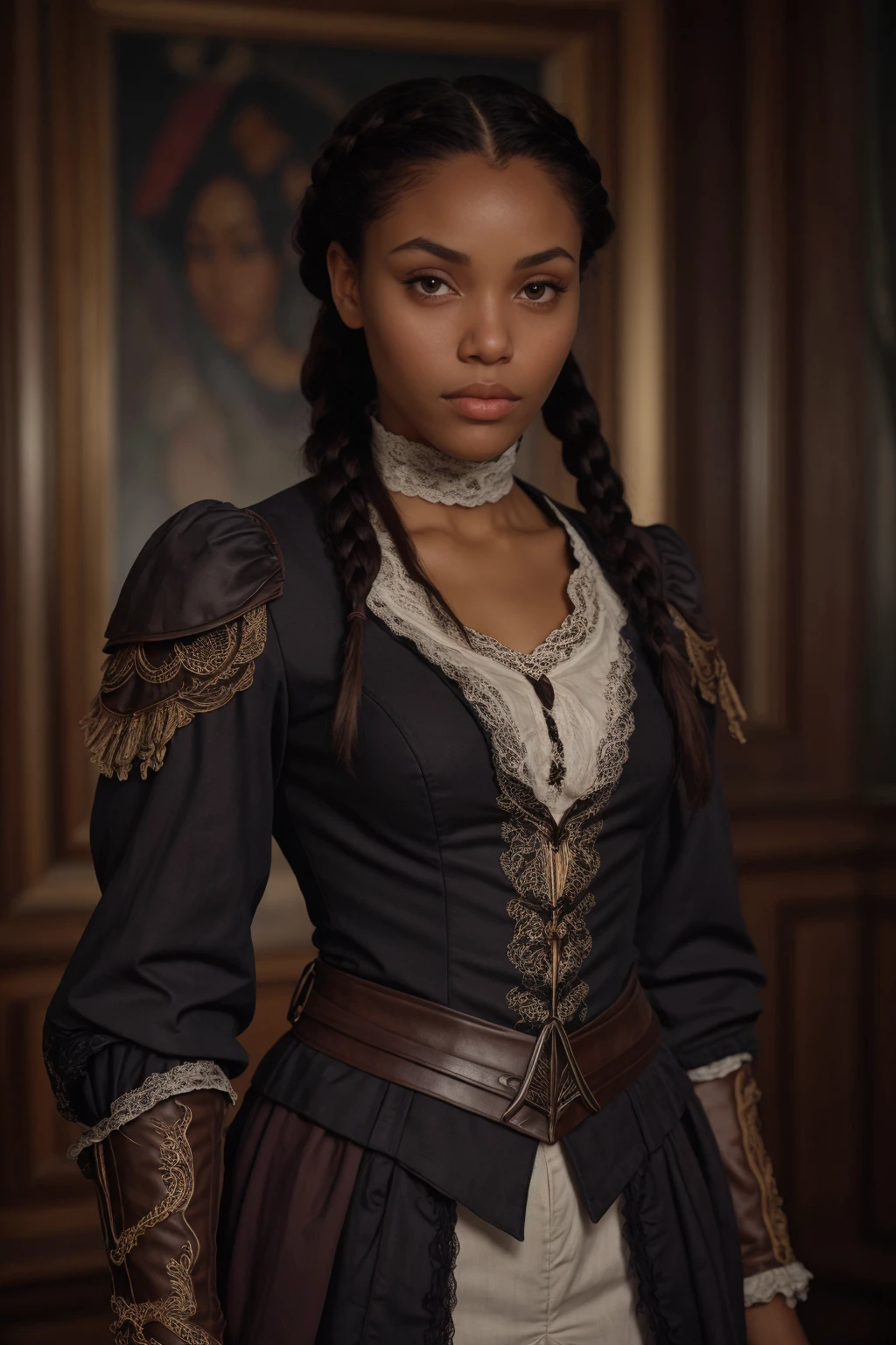 Realistic portrait of a african american woman with braided auburn hair, wearing a white assassin leather armor, assassin's creed. 18th-century era, She stands against a backdrop of soft, evening moonlight, casting a gentle warmth on her features. (full body:1.3), <lora:[VG]_-_Aveline_de_Grandpre:1>