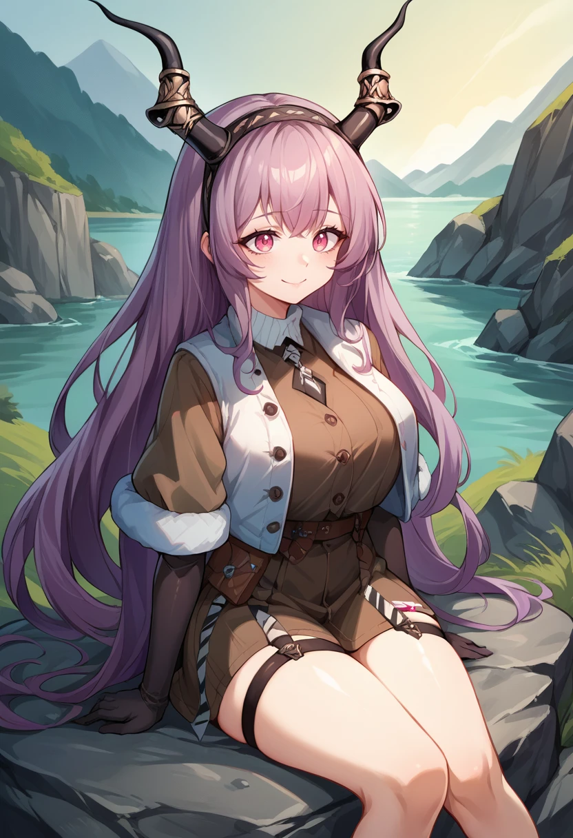 score_9, score_8_up, source_anime, 1girl, solo, TyphonPathfinder, very long hair, drill hair, black hairband, horns, brown shirt, brown skirt, white jacket, cropped jacket, fur-trim, brown sleeves, elbow gloves, black gloves, thigh holster, outdoors, sitting, on rock, smile, <lora:ChamTyphonPonyXL:1>