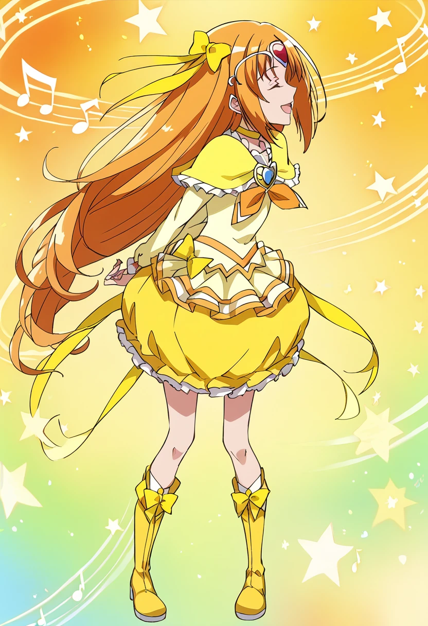 score_9, score_8_up, score_7_up, source_anime BREAK
cure muse \(yellow\), 1girl, solo, closed eyes, magical girl, yellow bow, bubble skirt, yellow skirt, knee boots, star \(symbol\), hair ribbon, frills, open mouth, orange hair, circlet, very long hair, hair bow, yellow choker, yellow theme, brooch, starry background, jewelry, singing, eyelashes, musical note, smile, brown hair, from behind, leaning forward, standing, happy, profile, yellow background, gradient background, multicolored background, yellow dress, music, frilled skirt, yellow ribbon, floating hair, rainbow background, :d, hair ornament, bent over, arms behind back, green background, eighth note, own hands together, full body, blonde hair, capelet, earrings, wrist cuffs, layered skirt, orange background, own hands clasped, long sleeves
<lora:cure_muse_shirabe_ako_sdxl_locon_pony_v1:0.7>