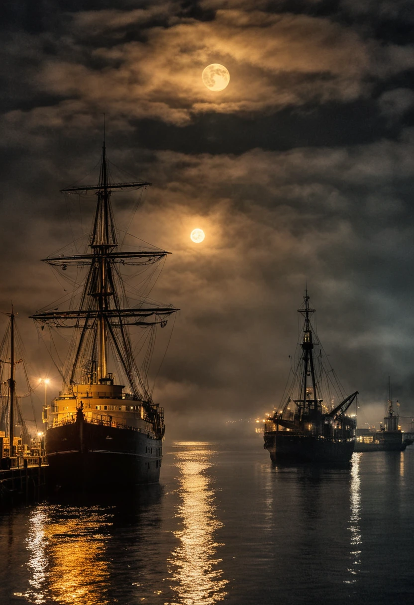A mesmerizing nocturne photograph capturing a harbor in a fjord, reminiscent, The scene in darkness, with only dim rembrandt lights illuminating the seashore docks. A lonely fire tower casts a warm, golden glow, while the moon in the background looms ominously through the shadows, A large ship coming through the curtain of mist.