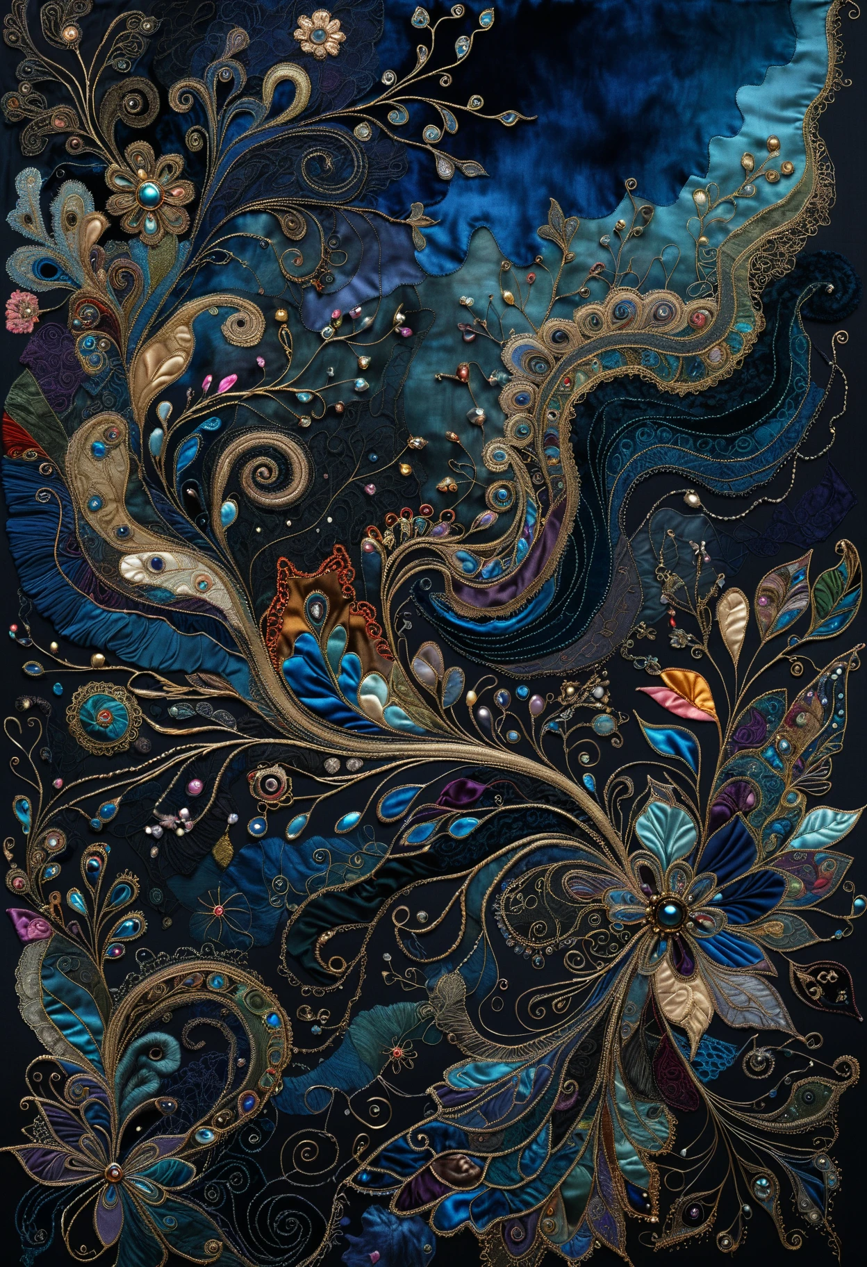 Surrealism, In art technique Frottage, an intricate abstract pattern created from small pieces of various fabrics such as silk, velvet, lace, brocade, , Calm dark harmonious hues, fine texture, perfect composition, insanely detailed, best quality, <lora:Wildcard-Detail_Enhancer:1> <lora:Detailed_notrigger:1>