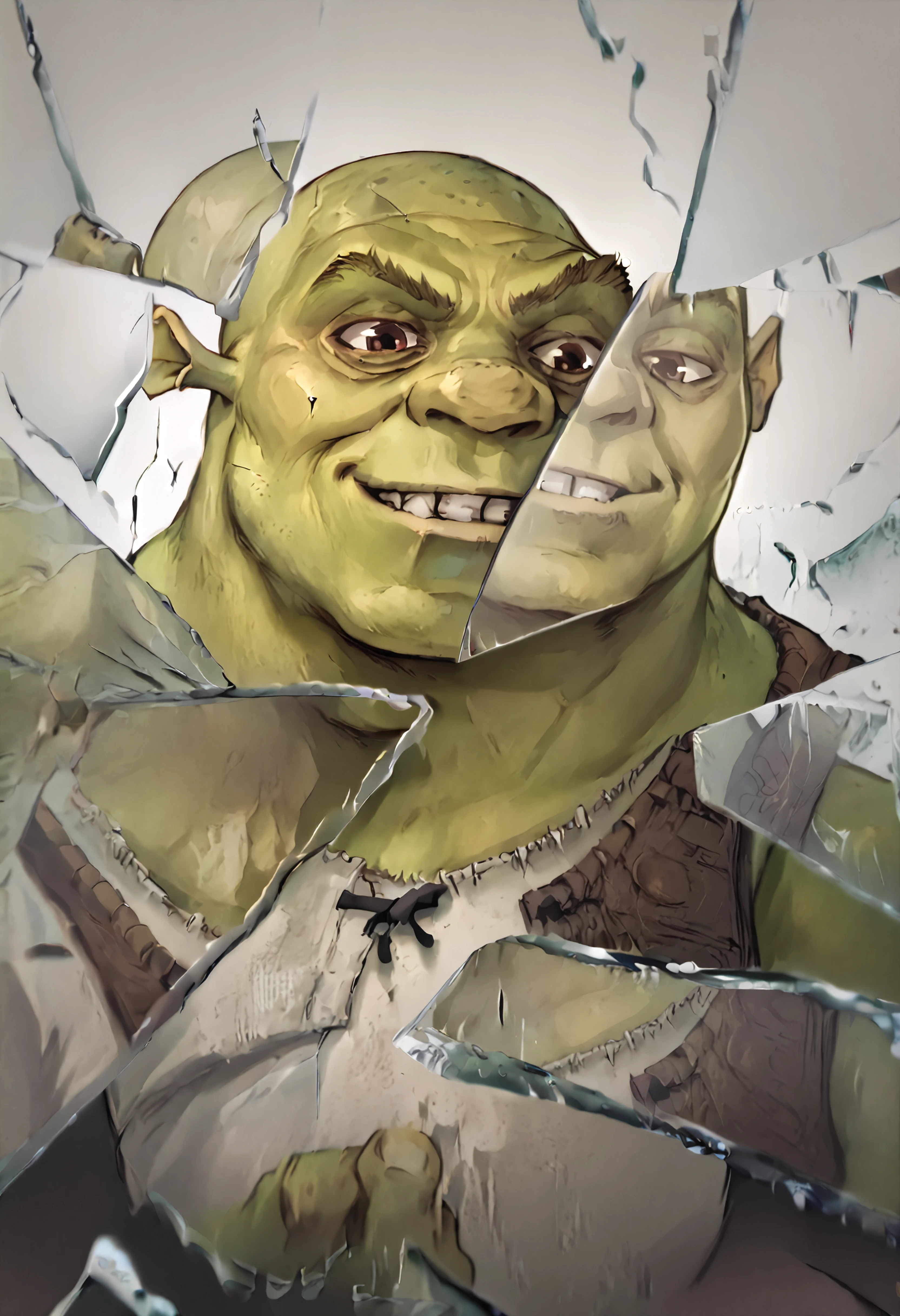 score_9, score_8_up, score_7_up, score_6_up BREAK IncrsXLBrknGls,broken glass,reflection,upper body,abstract background, shrek, green skin, male focus, bald,grin   <lora:BreakingGlassXLPDCAME:1.1>  <lora:Shrek_XLPD:0.8>