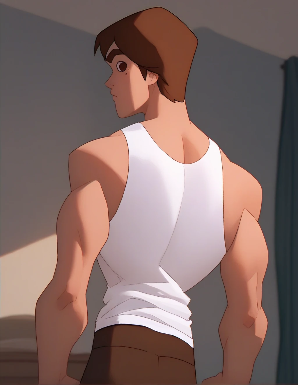 <lora:Peter_Parker:1> score_9, score_8_up, score_7_up, spiderman, solo, brown hair, 1boy, white tank top, pants, from behind, looking back, brown eyes, mole under eye, pants, bedroom, looking at viewer, brown pants, thick eyebrows