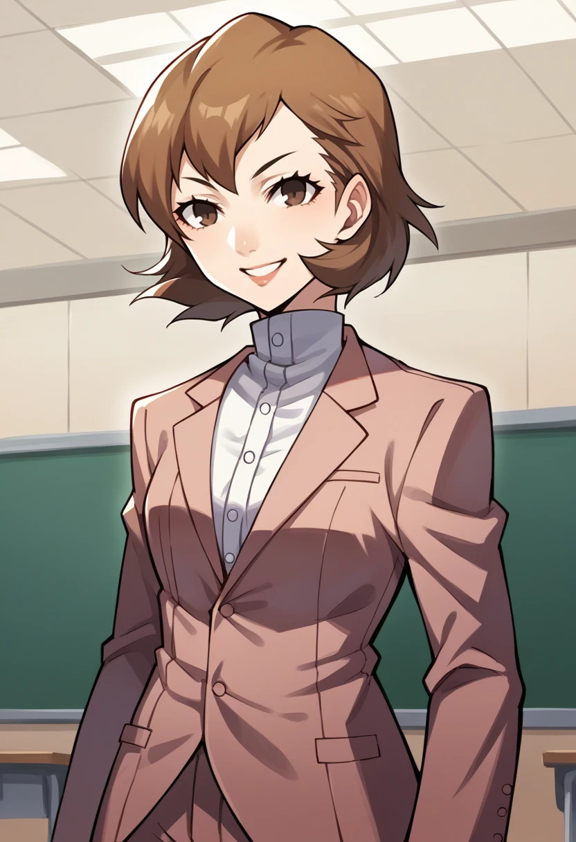 score_9, score_8_up, score_7_up, source_anime BREAK 1girl, solo,
<lora:zs_ToriumiXL:1> toriumip3, short hair, brown hair, brown eyes, blazer, pants
cowboy shot, classroom, smile