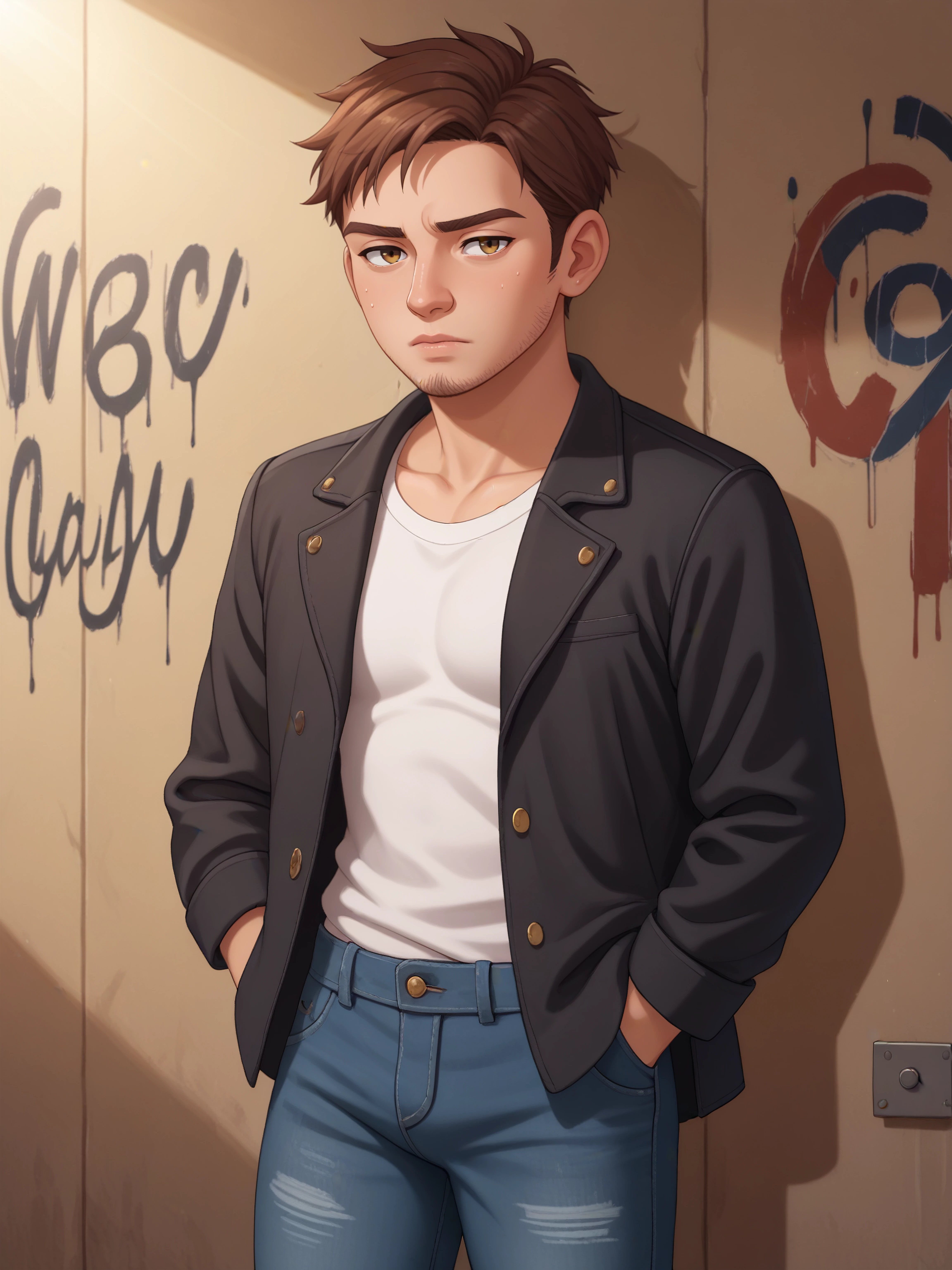 score_9, score_8_up, score_7_up, source_anime
solo, 1man, brown hair, facial hair, cowboy shot, black jacket, white tshirt, denim jeans, leaning on a wall full of graffiti, dappled sunlight, tired, looking at viewer