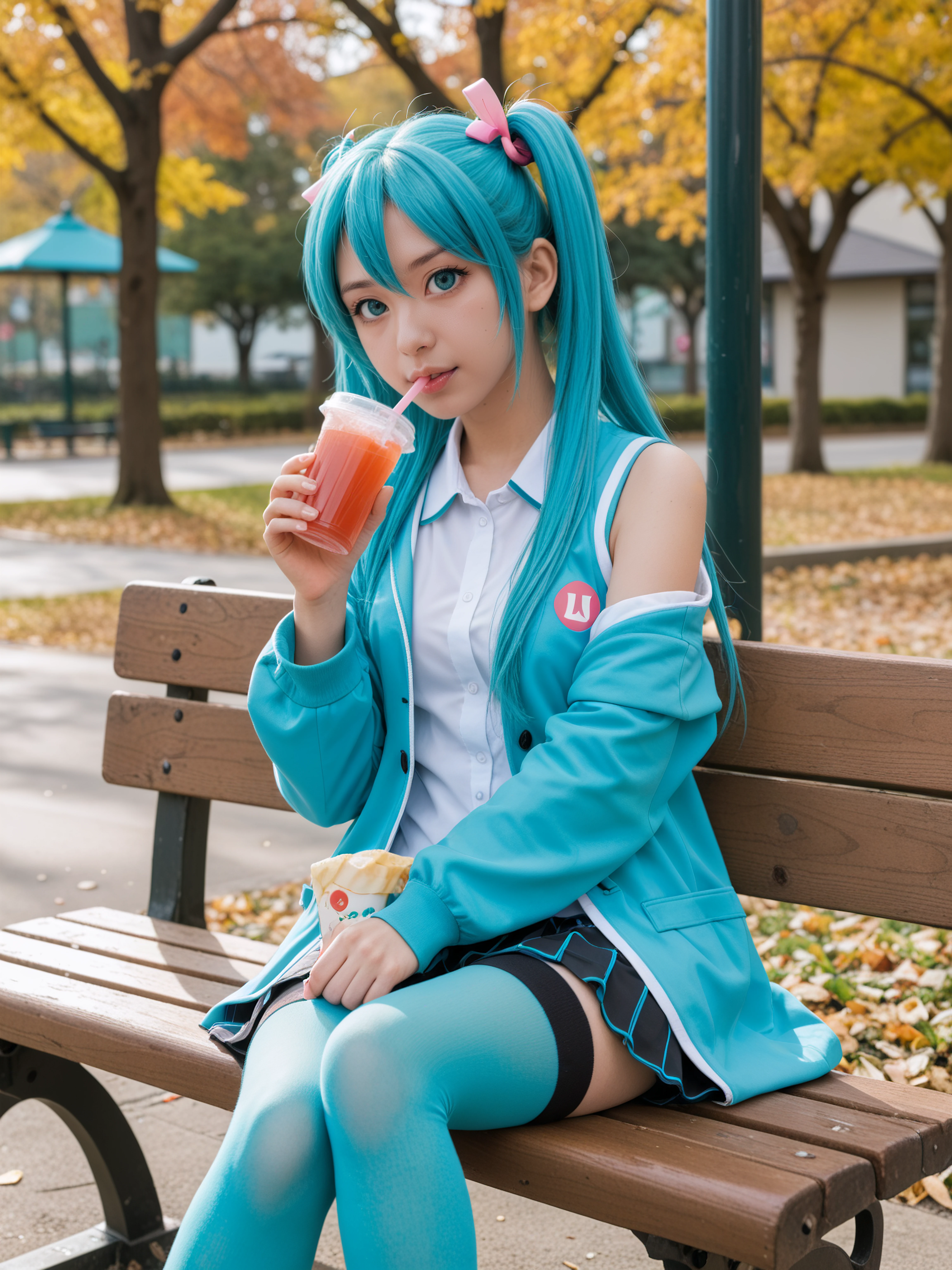 score_9, score_8_up, score_7_up
solo, 1women, hatsune miku, sitting on a park bench, detached sleeves, thighhighs, drinking a juice