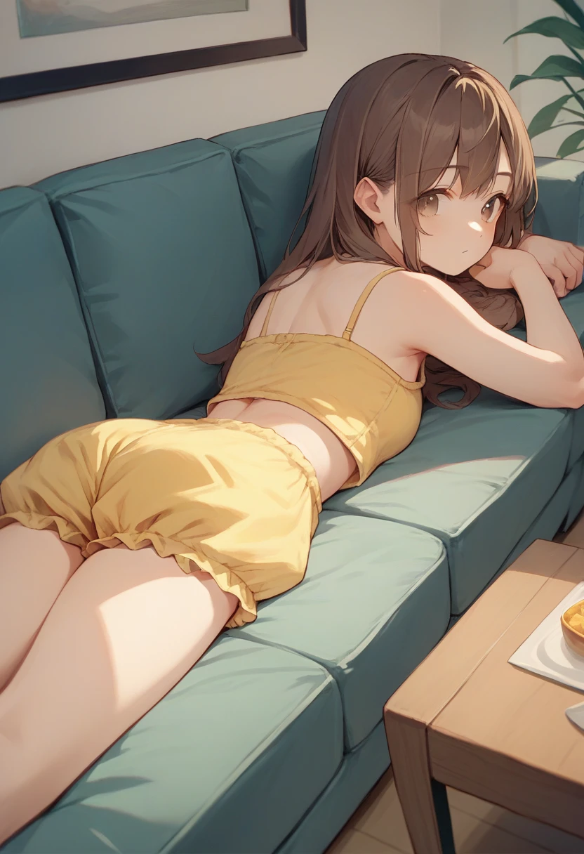 score_9, score_8_up, score_7_up, score_6_up, source_anime,  <lora:bunny_cute_suit_v0.9-pony:1.0> 
1girl,
yellow bloomers, yellow camisole, 
brown hair, long hair, brown eyes, 
lying, on stomach, sofa,