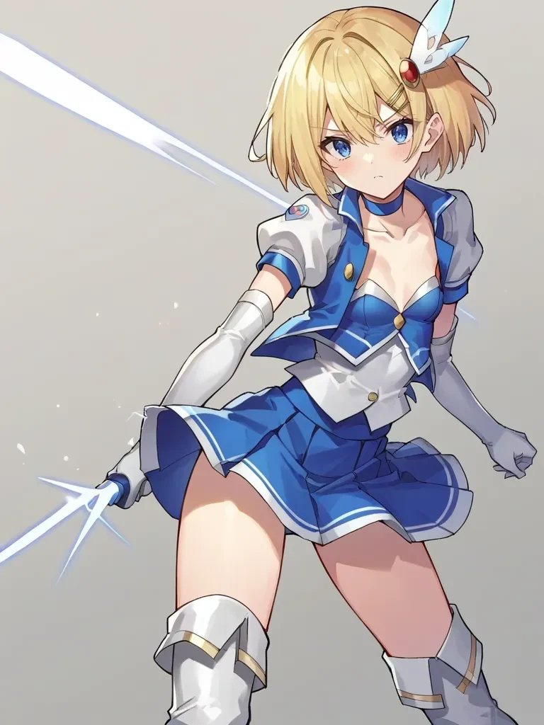 score_9, score_8_up, score_7_up, source_anime, <lora:mahoushoujoprismshirleypony:1>,
1girl, solo, saoriprismshirley, small breasts, blonde hair, short hair, hair ornament, blue eyes, magical girl, choker, vest, white shirt, white short sleeves, elbow gloves, collarbone, blue skirt, white thigh boots, standing, serious, dynamic pose