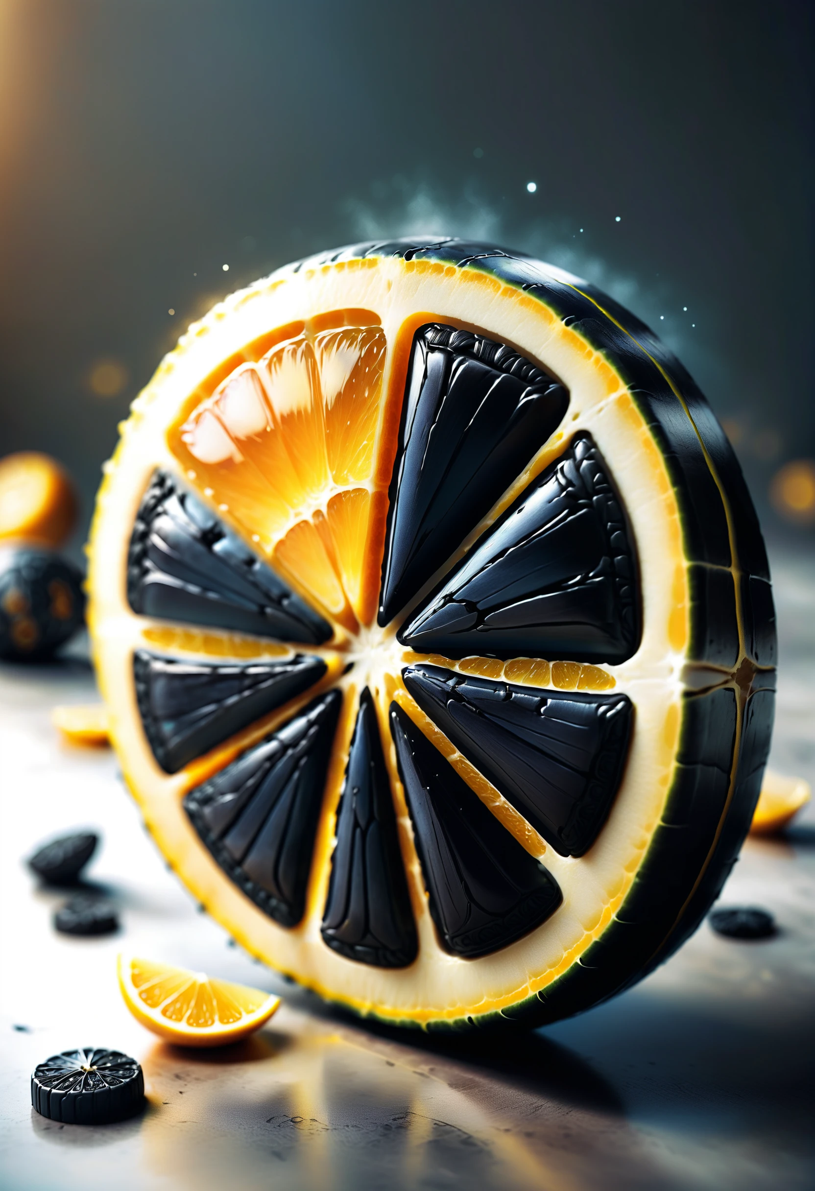 ethereal fantasy concept art of a black lemon slice with the segments made of dvr-rbbr, magnificent, celestial, ethereal, painterly, epic, majestic, magical, fantasy art, cover art, dreamy
<lora:dvr-rbbr:0.8>