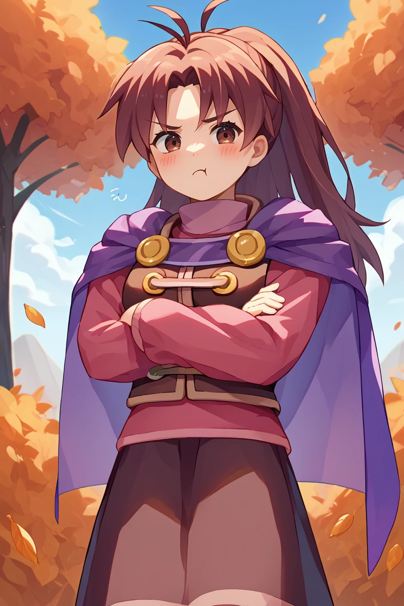 score_9, score_8_up, score_7_up, score_6_up, source_anime, BREAK 1girl, solo,  <lora:gsjenna-pdxl-nvwls-v1-000005:1> gsJenna, brown hair, ponytail, antenna hair, purple cape, vest, pink shirt, long sleeves, brown skirt, boots, autumn, blue sky, crossed arms, blush <lora:Pout_XLPD:0.8> pout, :t, closed mouth