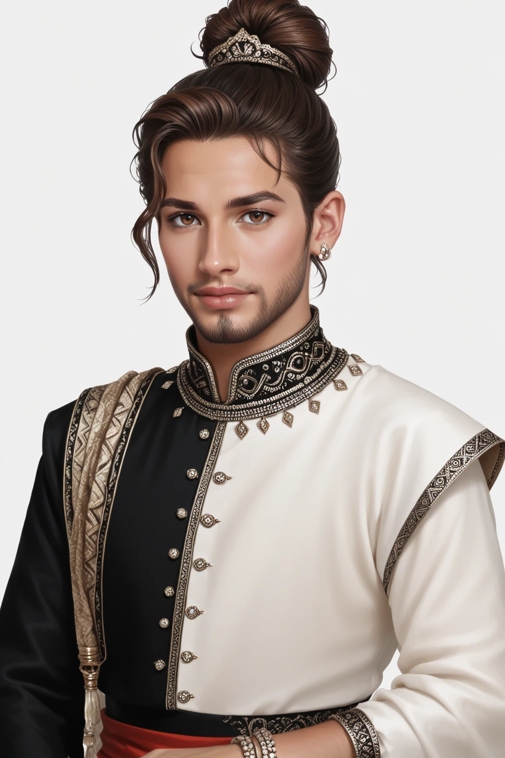 male, brown hair. hair bun, brown eyes, clothes in black indian costume, jewelry, facial hair, portrait <lora:Kamal pony:0.8> kamal <lora:r3d1nk:0.8> r3d1nk, white background, red, monochrome