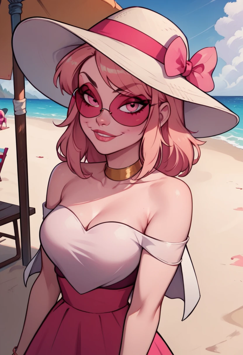 score_9, score_8_up, score_7_up,  <lora:miss_heed:1> missheedxl, 1girl, pink hair, pink skin, pink eyes, sunglasses, medium breasts, on the beach, white summer dress, summer hat,