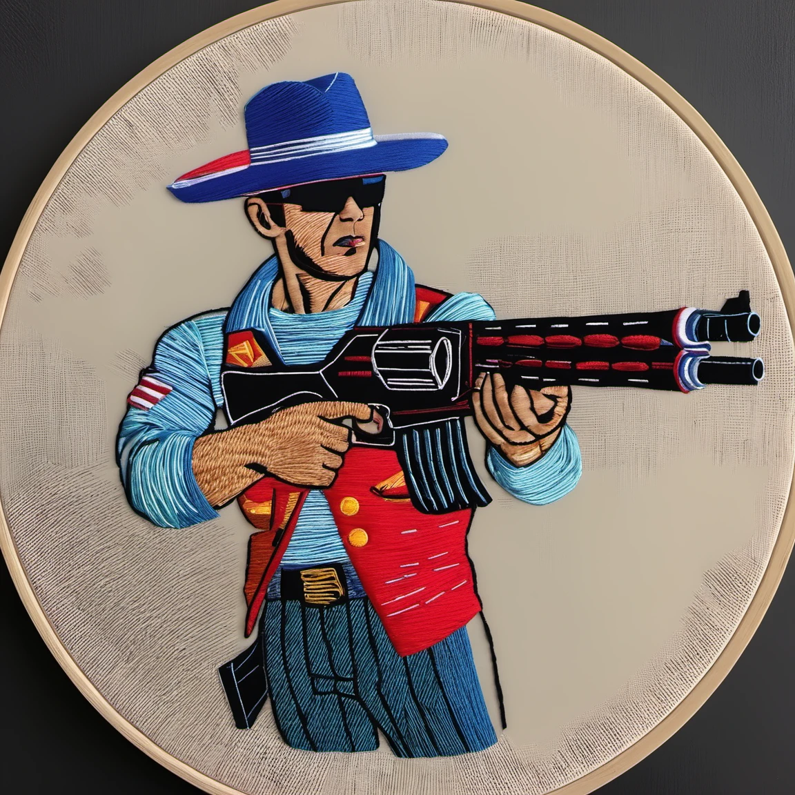 embrodarythreadart ,man,worrier,holding gun,futuristic cloths,wearing hat,<lora:embrodary_thread_art:1>