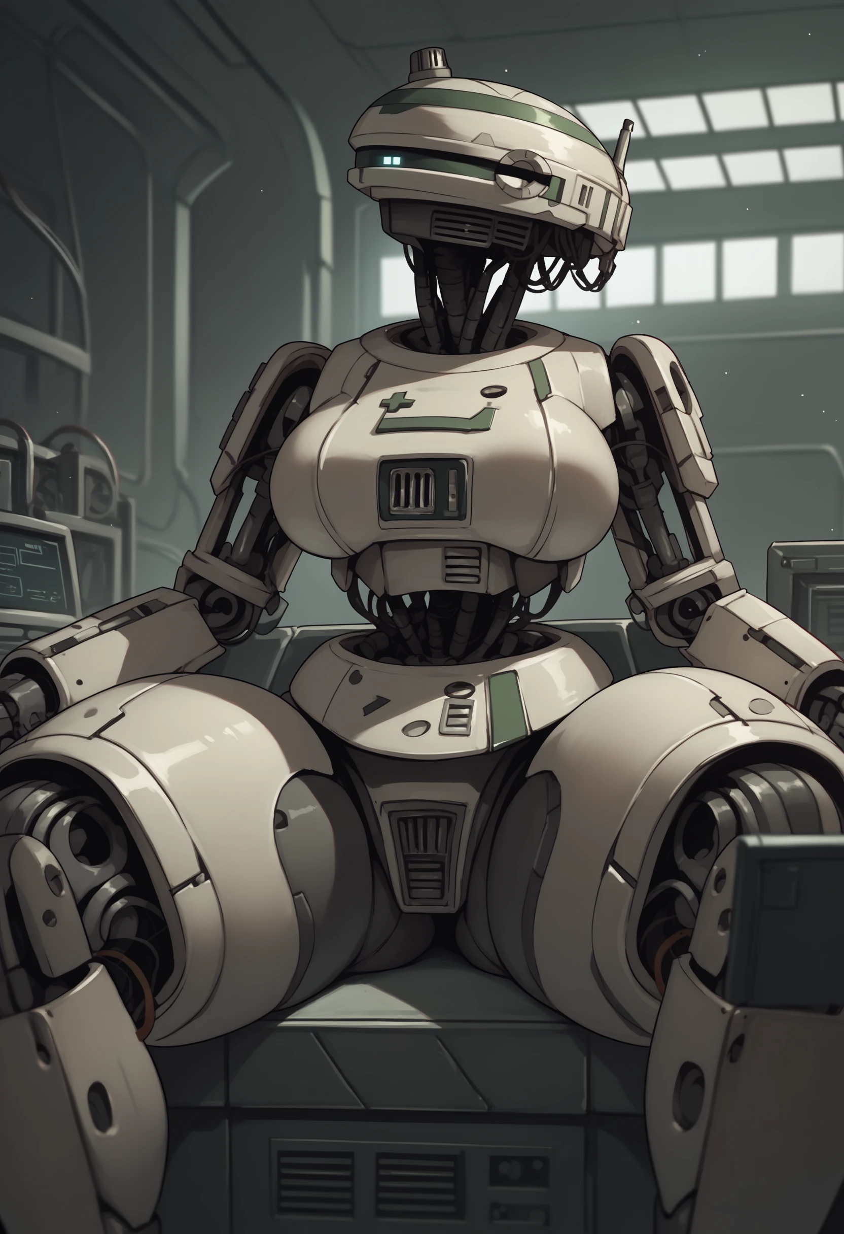 score_9, score_8_up, score_7_up, score_6_up, score_5_up, score_4_up, 1girl, <lora:L337:0.8> solo, no humans, robot, humanoid robot, helmet, large breasts, thick thighs, sitting, spread legs, 
factory background,